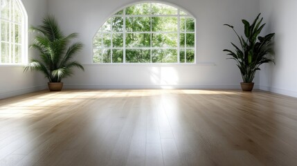 Fototapeta premium Empty room with large window, natural light, and plants