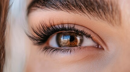 Obraz premium Close-up of thick, long eyelashes post beauty salon eyebrow and lash service. Open eye reveals full length of fake mink eyelash extensions, with soft lighting accentuating natural eye color.