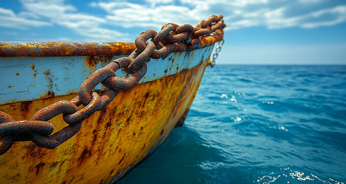 Rusty boat chain in clear blue water. A weathered boat rests in calm blue water, showcasing its rusty chain against a bright sky.