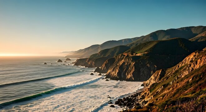 A cinematic view of Big Sur, California, with waves crashing against rugged cliffs and the golden sun setting on the horizon, AI Generated