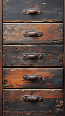 Vintage phone wallpaper showcasing rustic wooden drawers with aged blackened finish and iron handles.

