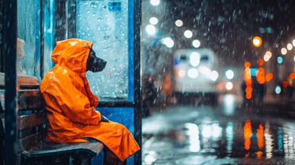 Obraz premium Dog in rain coat at bus stop in night