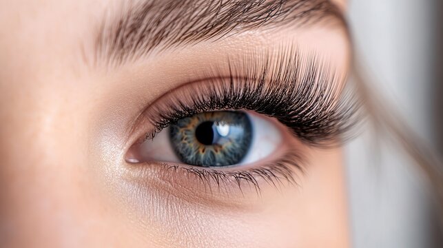 Close-up of thick, long eyelashes post beauty salon eyebrow and lash service. Open eye reveals full length of fake mink eyelash extensions, with soft lighting accentuating natural eye color.