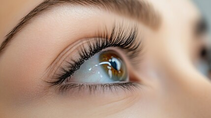 Obraz premium Close-up of thick, long eyelashes post beauty salon eyebrow and lash service. Open eye reveals full length of fake mink eyelash extensions, with soft lighting accentuating natural eye color.