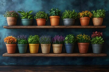 Fototapeta premium Stylish garden design with cute potted plants. Forest in the bedroom. Empty wall space above for text. Fresh, stylish, and natural feel. Ideal as a background for messages or home decor ads.