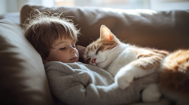 Child and cat sleeping peacefully on couch