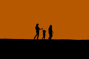 silhouette photo style of Family of parent and children on the hill mountain at the morning time.