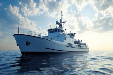 Large research vessel sailing on calm waters under a cloudy sky during the day