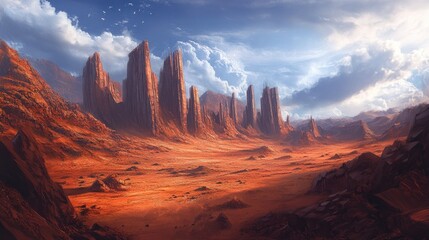 Naklejka premium Majestic sandstone formations in a vast desert landscape under a cloudy sky