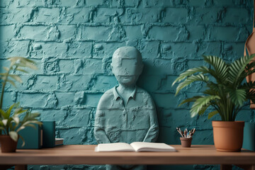 three-dimensional person figure against teal textured wall