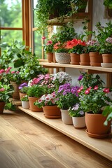 Naklejka premium Stylish garden design with cute potted plants. Forest in the bedroom. Empty wall space above for text. Fresh, stylish, and natural feel. Ideal as a background for messages or home decor ads.