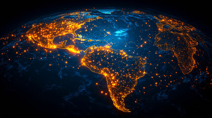 Obraz premium Nighttime global networking view. Bright lights illuminate cities worldwide, highlighting human connections over continents at nighttime.