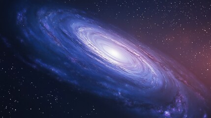A breathtaking view from space showing a spiral galaxy surrounded by a vast expanse of stars. The galaxy's arms gently spiral outward, bathed in hues of blue, purple, and white
