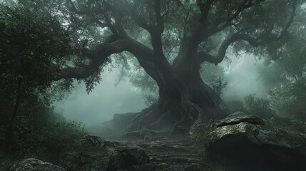 Mystical ancient oak tree shrouded in ethereal fog, nature's grandeur, forest scene