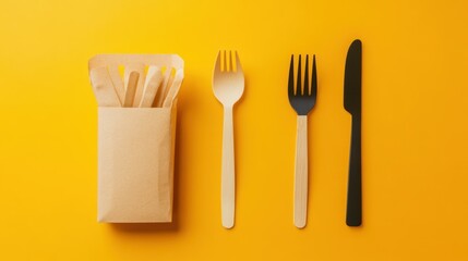 Arrangement of disposable cutlery and a brown paper pouch