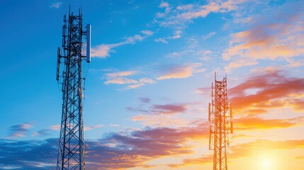 Two telecommunications towers silhouetted against a vibrant sunset, surrounded by a clear sky and colorful clouds.