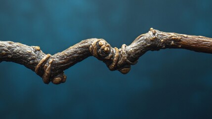 Close-up of a Knotted Brown Branch Against a Dark Blue Background