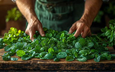 Herbalist Sorting Fresh Medicinal Herbs in Natural Light  
