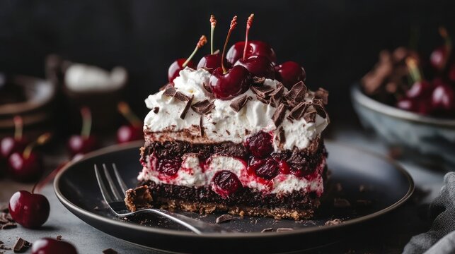 Delicious cherry chocolate cake slice