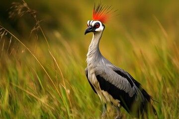 Fototapeta premium Majestic bird with vibrant crest standing gracefully in lush grasslands during golden hour