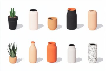 Collection of various ceramic and plant pots, vases, and bottles in pastel colors.  Modern, minimalist design