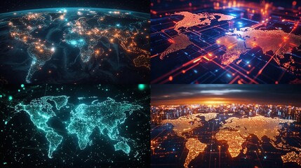 Global network connections, digital world map collage.