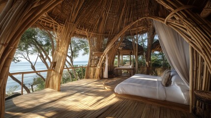 Obraz premium Bamboo Eco-resort Overlooking Ocean View with Sustainable Architecture and Design