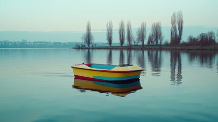 Obraz premium Colorful Boat on Calm Lake at Dawn