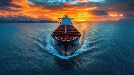 Fototapeta premium A Large Vessel Sailing Through The Ocean Waters At Sunset