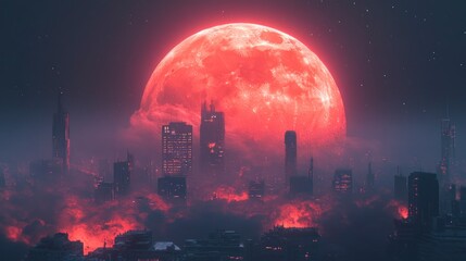 Fototapeta premium Crimson moon over a futuristic city