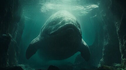 Obraz premium Deep-sea creature looms in underwater cavern