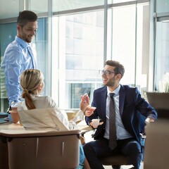Smiling call center agent wearing headset in office
