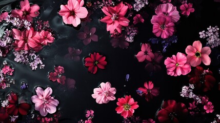 A surreal scene where brightly colored flowers, in shades of pink, red, and lavender, appear to be floating on black water, creating an elegant and peaceful environment.
