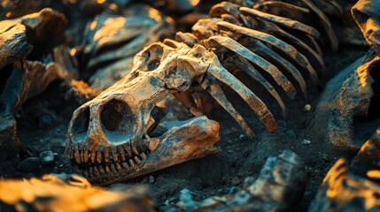 Fossilized dinosaur skeleton rests in a pile of earth and rocks