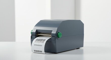 Barcode printer emitting a label with crisp barcode against plain background