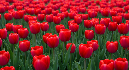 Obraz premium Vibrant Red Tulip Field Displaying a Dense Flowerbed Against a Softly Blurred Natural Backdrop Under Daylight