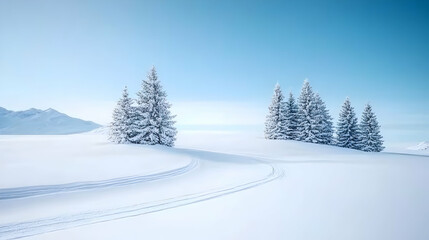 Obraz premium Snow-covered evergreens on a pristine, snowy plain with mountain backdrop