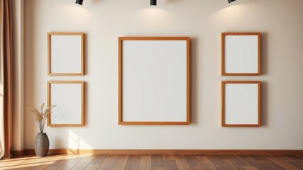 Modern minimalist interior with blank wooden picture frames on a beige wall