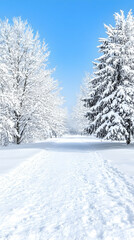 Fototapeta premium Snow-covered path through winter trees under a clear blue sky