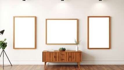 Modern minimalist living room with three empty wooden picture frames above a mid-century modern sideboard