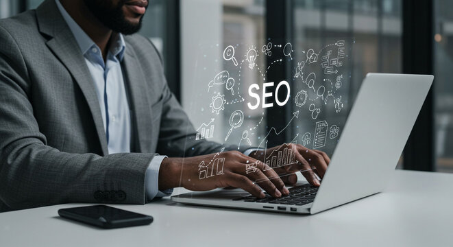 A focused professional expertly optimizing online presence through strategic SEO, enhancing digital visibility with a sleek laptop and modern office setting.