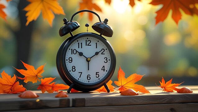 Daylight Saving Time Fall Back with Alarm Clocks and Autumn Leaves.	