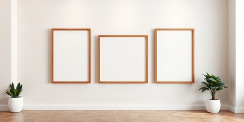 Minimalist Interior Design Mockup Three Empty Light Wood Frames on a White Wall with Potted Plants