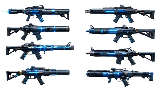 Futuristic energy weapons with blue glowing elements designed for sci-fi scenes