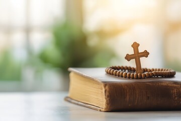 Wooden Rosary on Open Bible with Ash Cross and Warm Bokeh, Spiritual Still Life, Christian Symbolism, Rustic Faith Concept, Religious Background, Lent Season, Prayer, Ash Wednesday, Bible Study