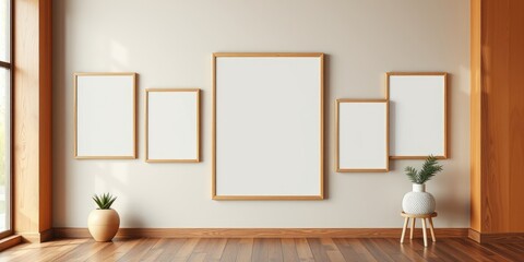 Fototapeta premium Modern minimalist room interior with empty picture frames and potted plants