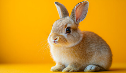 Obraz premium Rabbit on yellow backdrop. A fluffy rabbit with big ears sits against a bright yellow backdrop, highlighting its soft fur and curious look.
