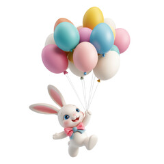 Obraz premium 3d bunny flying with balloons, easter illustration on transparent png background