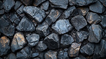 A pile of black rocks with a few brown spots. The rocks are large and rough, and they are scattered all over the ground. The image has a rugged and natural feel to it