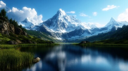 Fototapeta premium Reflections on a Serene Mountain Lake Surrounded by Lush Greenery